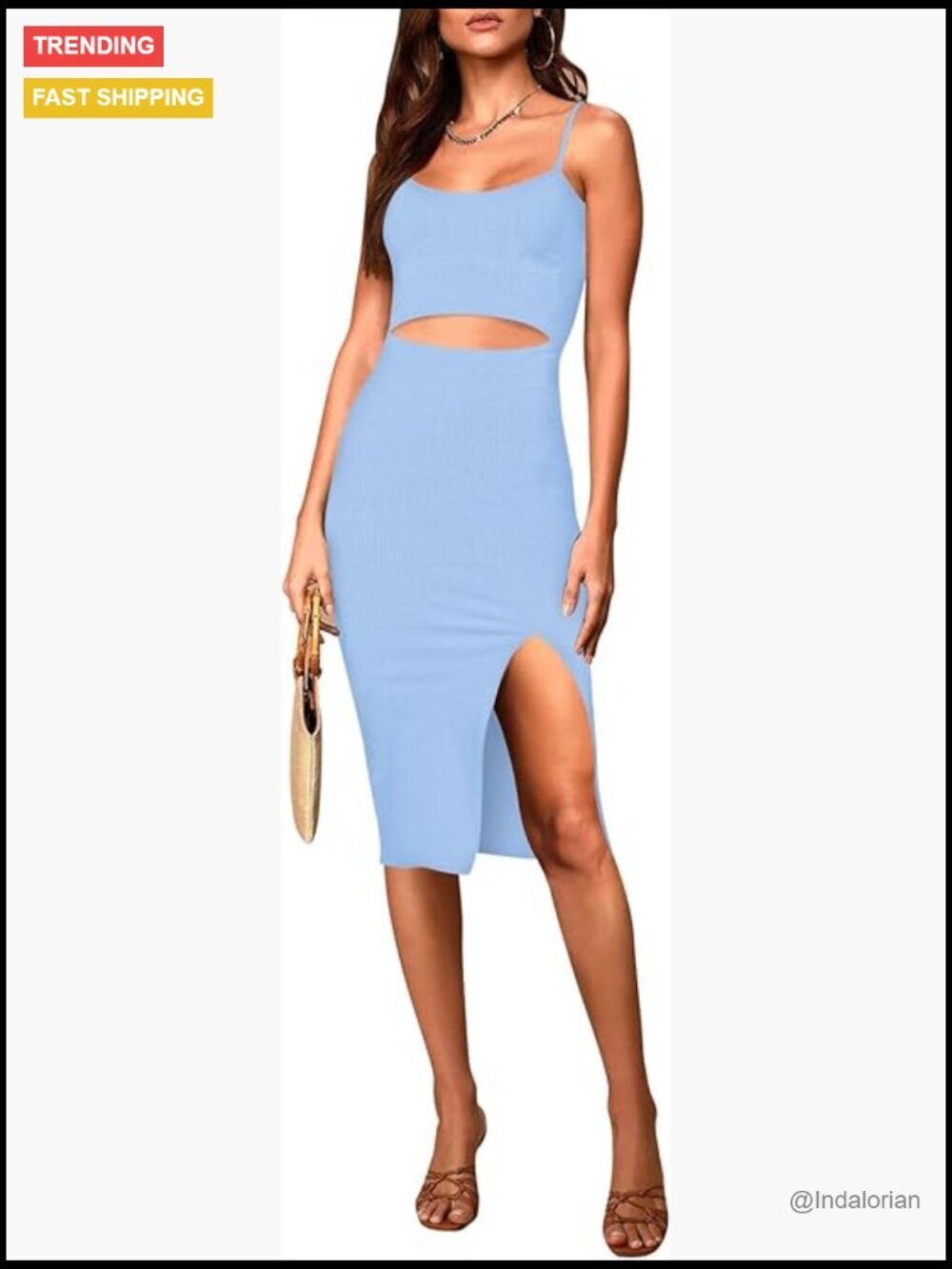 Spaghetti Strap Cutout Side Slit Ribbed Bodycon Midi Dress Club Party